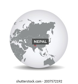 World globe map with the identication of Nepal. Map of Nepal. Nepal on grey political 3D globe. Asia map. Vector stock.