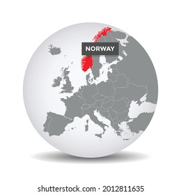 World globe map with the identication of Norway. Map of Norway. Norway on grey political 3D globe. Europe countries. Vector stock.