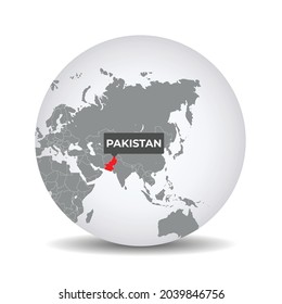 World globe map with the identication of Pakistan. Map of Pakistan. Pakistan on grey political 3D globe. Asia map. Vector stock.