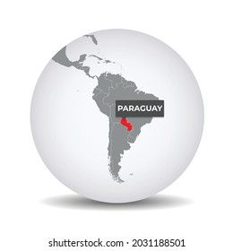 Mapa mundial del mundo con la autenticación de Paraguay. Mapa de Paraguay. Paraguay en el gris mundo político 3D. Mapa sudamericano. Material vectorial.