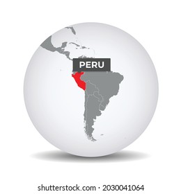 World globe map with the identication of Peru. Map of Peru. Peru on grey political 3D globe. South america map. Vector stock.