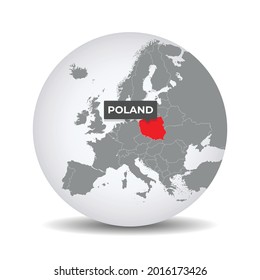 Weltkarte mit der Bezeichnung Polen. Karte von Polen. Polen auf grauem politischem 3D-Globus. Europa-Länder. Vektorstock.