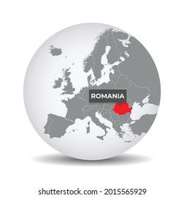 Mapa mundial del mundo con la autenticación de Rumania. Mapa de Rumania. Rumania en el gris mundo político 3D. Países europeos. Material vectorial.