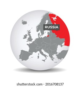 Mapa mundial del mundo con la autenticación de Rusia. Mapa de Rusia. Rusia en el gris mundo político 3D. Países europeos. Material vectorial.