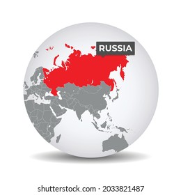 World globe map with the identication of Russia. Map of Russia. Russia on grey political 3D globe. Asia map. Vector stock.
