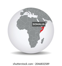 World globe map with the identication of Somalia. Map of Somalia. Somalia on grey political 3D globe. Africa map. Vector stock.