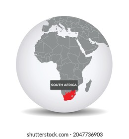 World globe map with the identication of South Africa. Map of South Africa. South Africa on grey political 3D globe. Africa map. Vector stock.