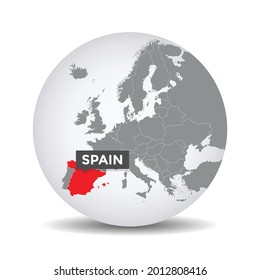 World globe map with the identication of Spain. Map of Spain. Spain on grey political 3D globe. Europe countries. Vector stock.	