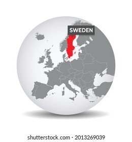 World globe map with the identication of Sweden. Map of Sweden. Sweden on grey political 3D globe. Europe countries. Vector stock.