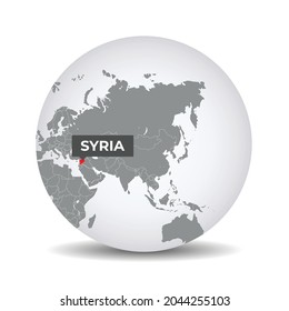 World globe map with the identication of Syria. Map of Syria. Syria on grey political 3D globe. Asia map. Vector stock.