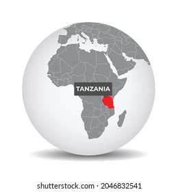 World globe map with the identication of Tanzania. Map of Tanzania. Tanzania on grey political 3D globe. Africa map. Vector stock.