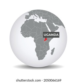 World globe map with the identication of Uganda. Map of Uganda. Uganda on grey political 3D globe. Africa map. Vector stock.