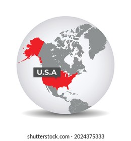 Mapa mundial del mundo con la identificación de EE.UU. Mapa de Estados Unidos. Estados Unidos de América en el globo 3D de la política gris. Material vectorial.