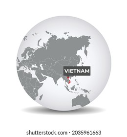 World Globe Map With The Identication Of Vietnam. Map Of Vietnam. Vietnam On Grey Political 3D Globe. Asia Map. Vector Stock.