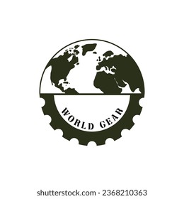 World Globe Map with Industrial Machine Engine Gear Cog Logo Design Illustration Vector