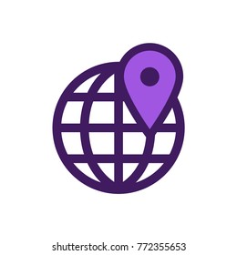 World globe map location pin, app vector icon logo