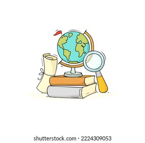 World globe map, magnifying glass, map. Concept of travel, study geography or ecology care. Vector hand drawn illustration of doodle loupe, books and planet Earth globe