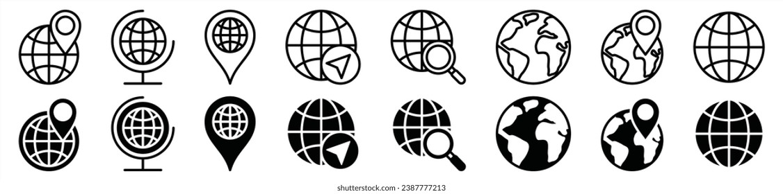 World globe map pin line icon set. Geo location icon. Geolocation icon symbol. Search or find a location. Map pin pointer earth global country. Vector illustration