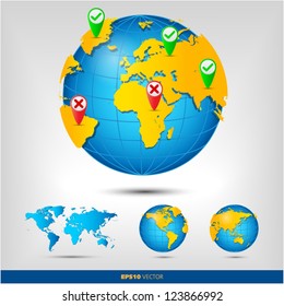 world and globe with map yes/no pin