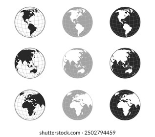 World globe maps set. Europe, Asia, America globe map. Earth globe icons. Vector illustration.