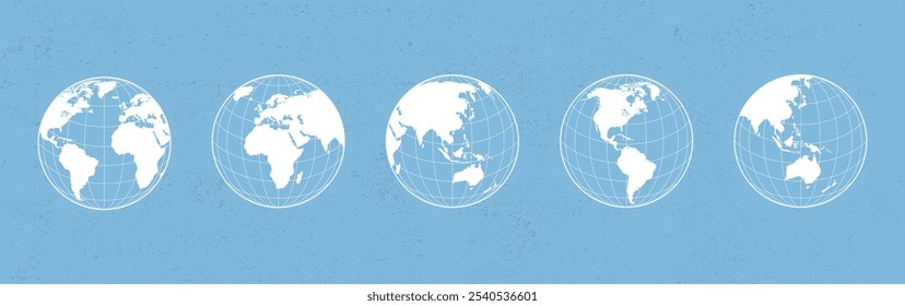 World globe maps set. Europe, Asia, America, Oceania globe maps. Earth globe icons isolated on blue background. Vector illustration.