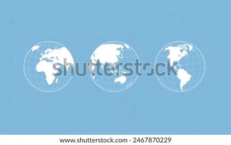 World globe maps set. Europe, Asia, America globe map. Earth globe icons. Vector illustration.