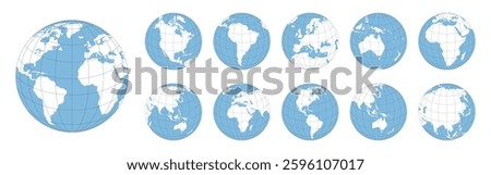 World globe maps set. Europe, Asia, North and South America, Oceania, Africa globe maps. Earth globe icons isolated on white background. Minimalist 3D globe icons set with grid. Vector illustration.