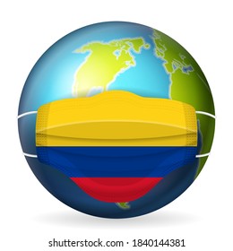 World globe with medical mask Colombia flag on a white background. Vector illustration.