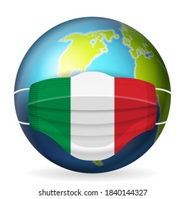 World globe with medical mask Italy flag on a white background. Vector illustration.