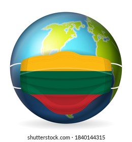 World globe with medical mask Lithuania flag on a white background. Vector illustration.