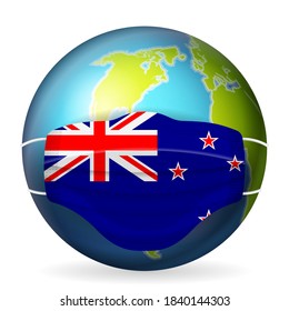 World globe with medical mask New Zealand flag on a white background. Vector illustration.