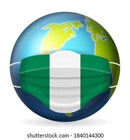 World globe with medical mask Nigeria flag on a white background. Vector illustration.