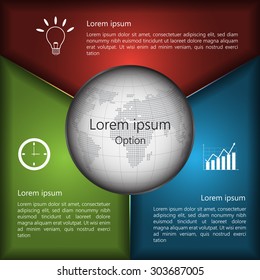 World Globe With Metallic Multi-Color Diagram, 3 Options, Business Icon & Information Text Design, Vector Illustration