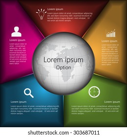 World Globe With Metallic Multi-Color Diagram, 5 Options, Business Icon & Information Text Design, Vector Illustration