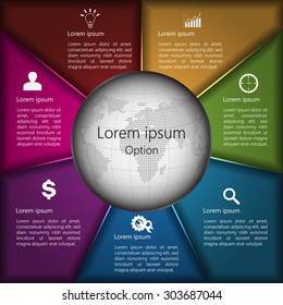 World Globe With Metallic Multi-Color Diagram, 7 Options, Business Icon & Information Text Design, Vector Illustration
