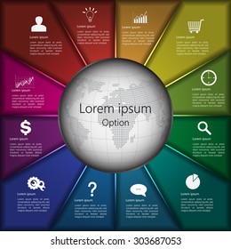 World Globe With Metallic Multi-Color Diagram, 12 Options, Business Icon & Information Text Design, Vector Illustration