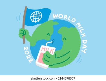World globe with milk box and breast cow flag, World Milk Day 2022 concept cartoon flat design illustration isolated on blue background with copy space, vector eps 10