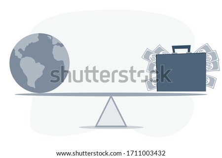World globe and money balancing on a seesaw. Vector flat design illustration.