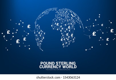 World Globe with money pound sterling currency icon polygon dot connected line. Concept for financial network connection in british.