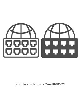 World globe and network switch line and solid icon, info tech concept. Vector graphics. Router data ports for internet, connection sign on white background, outline style icon of mobile or web design