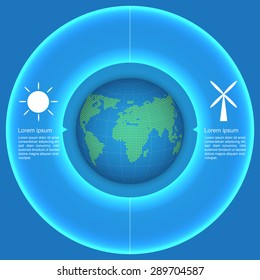 World Globe on Circle with 2 Options,Icon & Text Information on Blue Circle Design. Financial and Business Infographic or Renewable Energy Concept, Workflow/Element Layout Design. Vector Illustration.