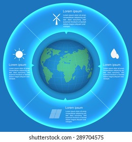 World Globe on Circle with 4 Options,Icon & Text Information on Blue Circle Design. Financial and Business Infographic or Renewable Energy Concept, Workflow/Element Layout Design. Vector Illustration.