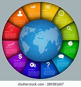 World Globe on Colorful Circle with 12 Options on Grey Background. Financial and Business Infographic, Business Icon and Text Information Design. Vector Illustration. Vector Illustration.