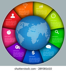 World Globe on Colorful Circle with 9 Options on Grey Background. Financial and Business Infographic, Business Icon and Text Information Design. Vector Illustration. Vector Illustration.