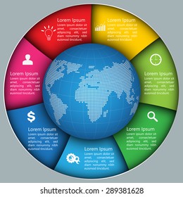 World Globe on Colorful Circle with 7 Options on Grey Background. Financial and Business Infographic, Business Icon and Text Information Design. Vector Illustration. Vector Illustration.