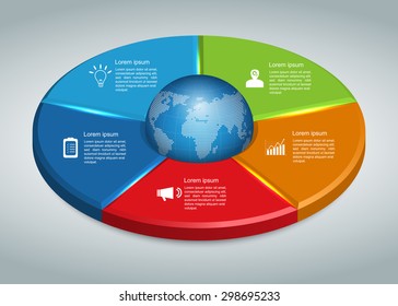 World Globe on Colorful Circle With Business Icon And Information Text Design. 5 Options, Financial and Business Info graphic, Workflow/Element Layout Design. Vector Illustration.