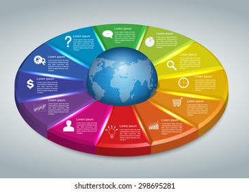 World Globe on Colorful Circle With Business Icon And Information Text Design. 12 Options, Financial and Business Info graphic, Workflow/Element Layout Design. Vector Illustration.