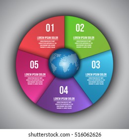 World Globe on Colorful Circle with 5 Options on Grey Background. Financial and Business Infographic, Number and Text Information Design. Vector Illustration.