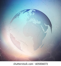 World globe on dark background. Global network connections, abstract geometric design, technology digital concept. Chemistry pattern, molecule structure, connecting lines and dots.