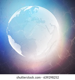 World globe on dark background with connecting lines and dots, polygonal linear texture. Global network connections, abstract futuristic geometric design, dig data technology digital concept.